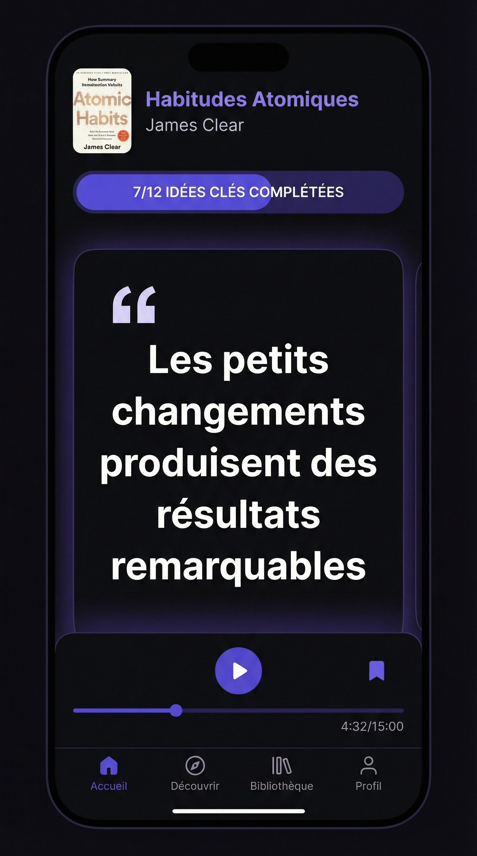 Ecran principal de Declic — résumé de livre avec lecteur audio